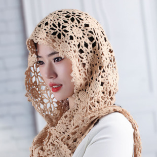秋冬季女款休闲头巾披肩时尚洋气太阳花镂空围巾一体帽编织三角巾