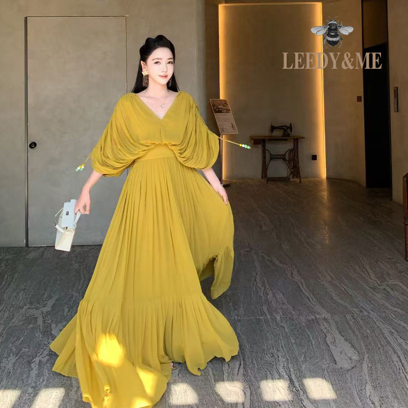 LEEDY＆ME法式复古V领蝙蝠袖礼服裙夏季黄色连衣裙大裙摆百褶长裙