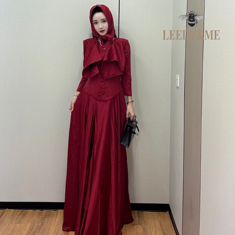 LEEDY＆ME高级感酒红色晚礼服带头巾收腰显瘦长裙订婚结婚敬酒服图片