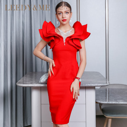 LEEDY＆ME主推人气时尚优雅一字肩荷叶边包臀修身聚会通勤礼裙宴
