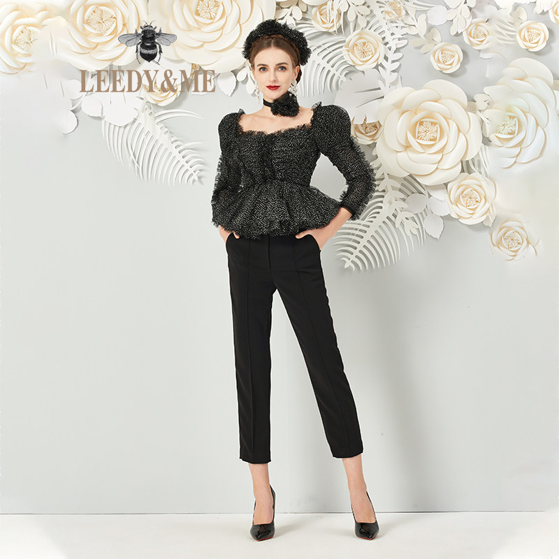 LEEDY＆ME22轻奢新品圆领打折花边修身显瘦长袖小脚裤套装日常聚