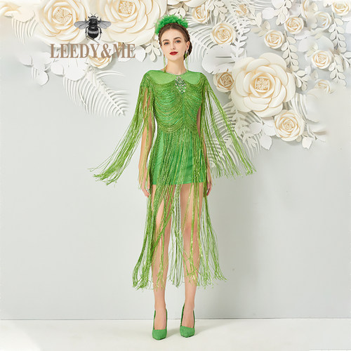 LEEDY＆ME草绿色重奢手工连衣裙