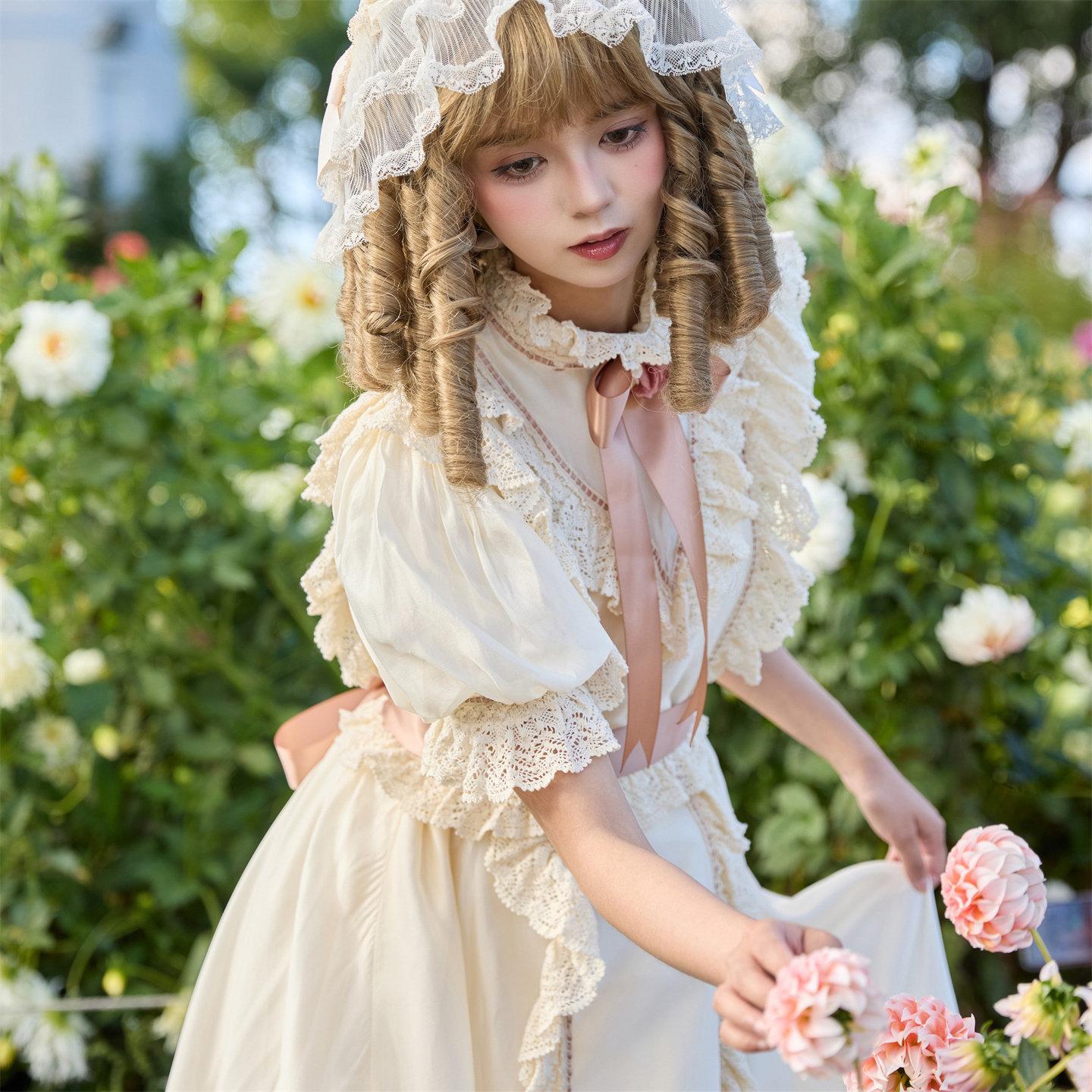 月光祷告全款 VINTAGE蕾丝荷叶边洋娃娃泡泡袖古董婚纱礼服连衣裙