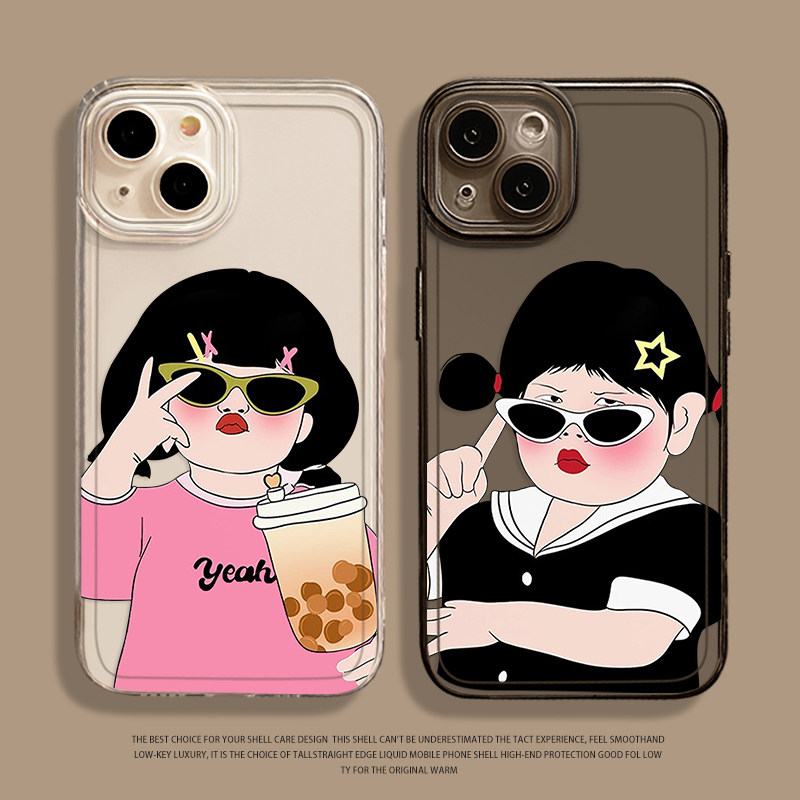 搞怪墨镜女孩适用iphone14苹果15promax手机壳13透明12mini可爱11创意pro新款x女xs趣味xr全包
