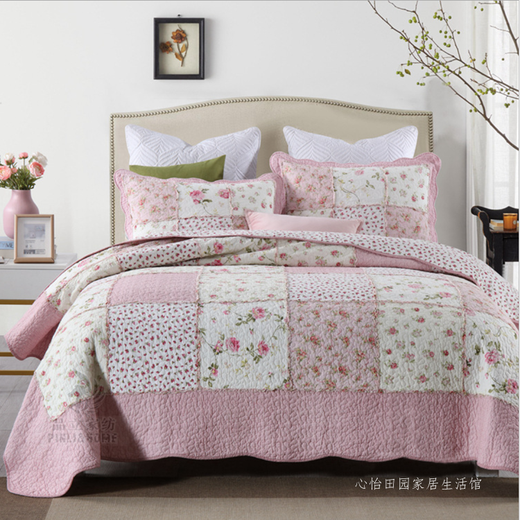 外贸美式纯棉粉色拼布绗缝床盖三件套韩式田园夹棉床单床罩空调被