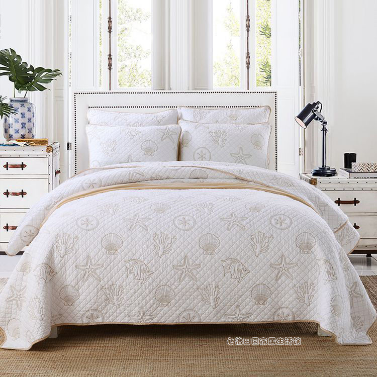外贸美式双面纯棉绣花绗缝被三件套高档床盖欧式四季通用炕盖床单