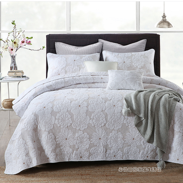 美式双面全棉新款轻奢绣花绗缝被韩国高级床盖三件套四季通用床单
