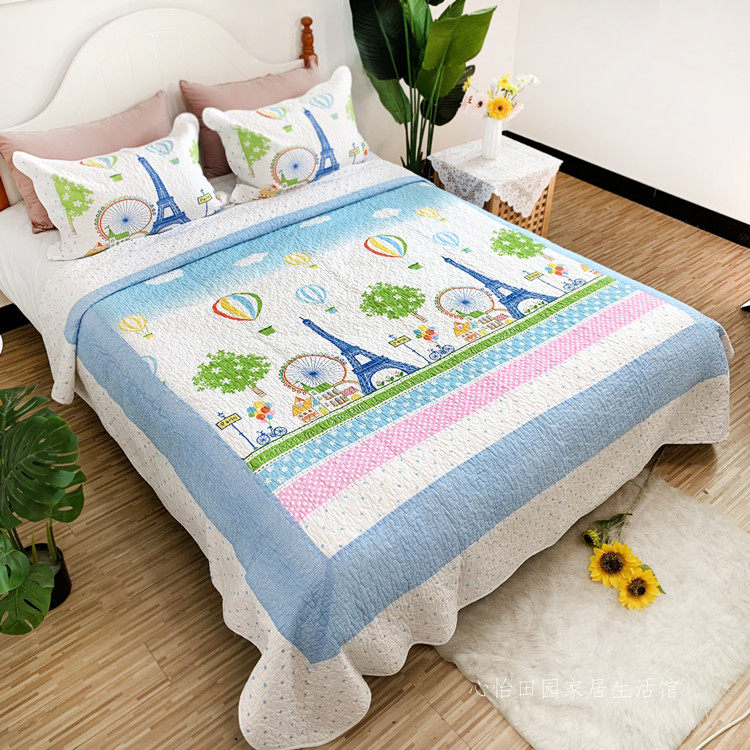 外贸美式纯棉绗缝被三件套韩国床盖欧式卡通衍缝床单床罩空调被单