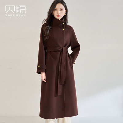 贝源中长款棕色双面呢羊绒大衣女