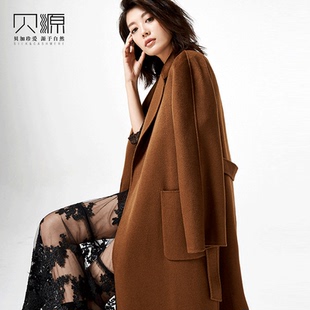 贝源2025新款 羊毛毛呢外套 高端焦糖色水波纹双面羊绒大衣女浴袍款