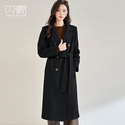 贝源黑色中长款单面呢羊绒大衣女
