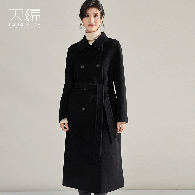 贝源高端黑色长款双面呢羊绒大衣