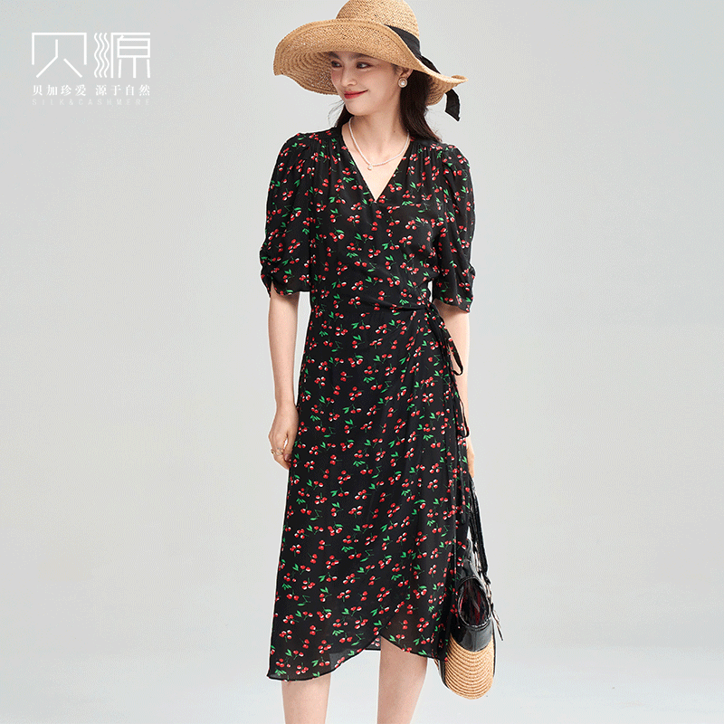 贝源印花一片式围裹系带雪纺女裙