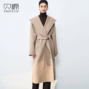 贝源高端燕麦色双面羊绒大衣女连帽2025新款长款过膝羊毛毛呢外套