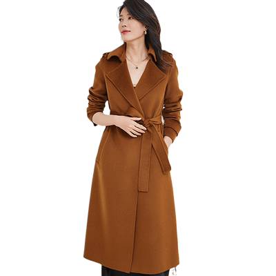 贝源焦糖色水波纹双面羊绒大衣女