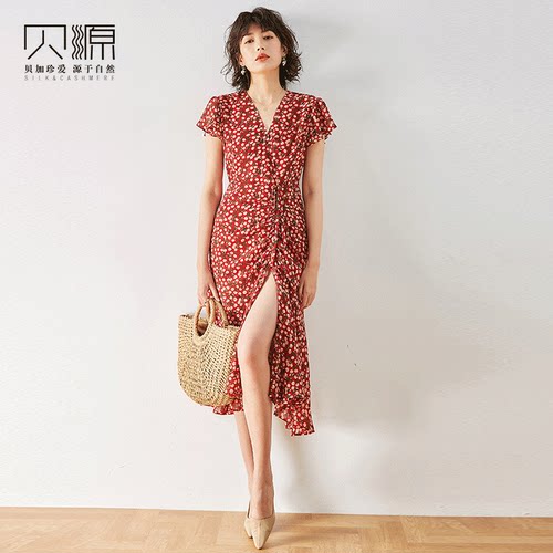 贝源碎花桔梗鱼尾裙小清新连衣裙