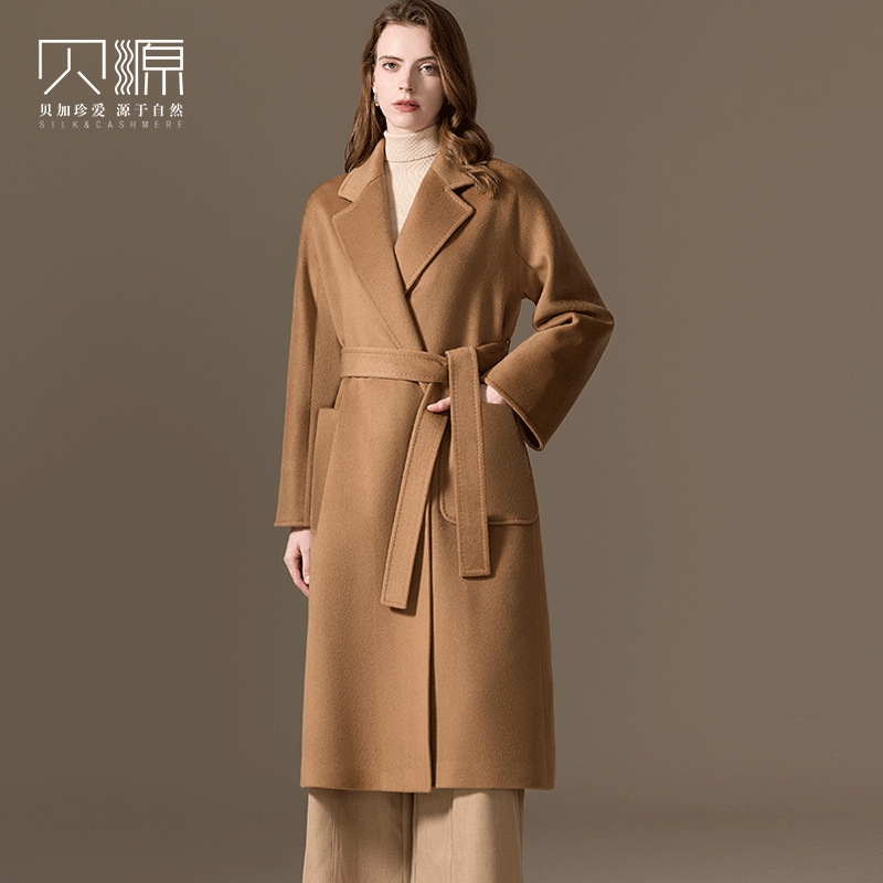 贝源纯羊绒中长款驼色浴袍款大衣