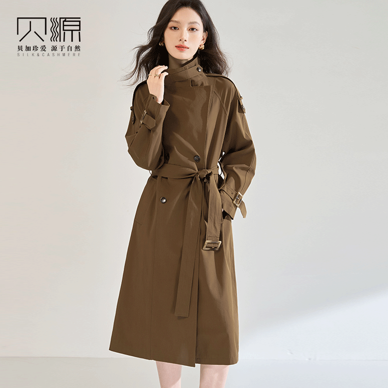 贝源英伦风咖色中长款风衣外套女
