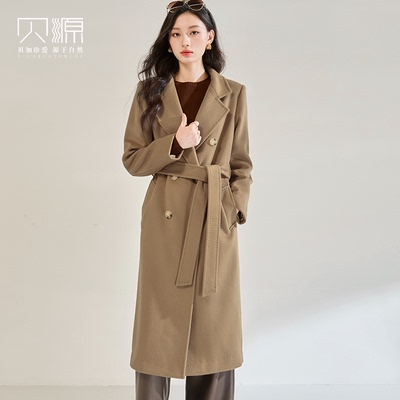 贝源中长款双排扣羊绒大衣女正肩