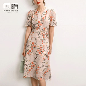 贝源法式小众真丝连衣裙2026夏季新款文艺印花V领短袖桑蚕丝女裙