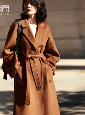 贝源M家明星同款水波纹双面羊绒大衣女焦糖色长款羊毛毛呢外套女