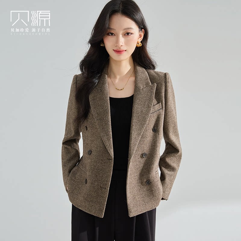 贝源老钱风双排扣羊毛毛呢西装女