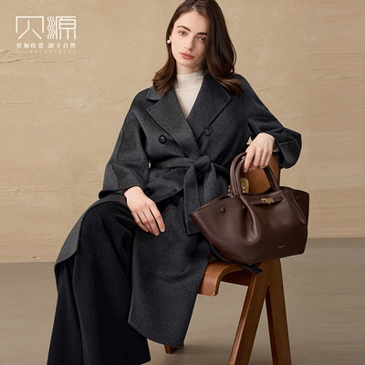 贝源灰色中长款100纯山羊绒大衣