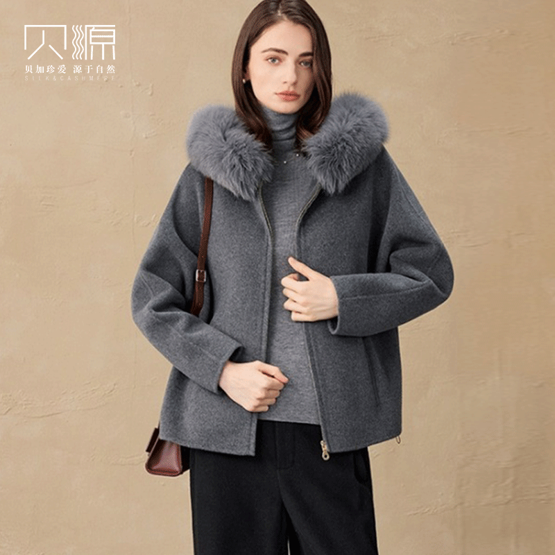 贝源狐狸毛领灰色双面呢羊绒大衣