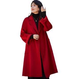 贝源红色水波纹双面羊绒大衣女2025结婚本命年中长款羊毛毛呢外套