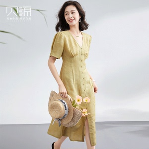 贝源法式小众V领重磅真丝连衣裙2026新中长款显瘦短袖桑蚕丝女裙