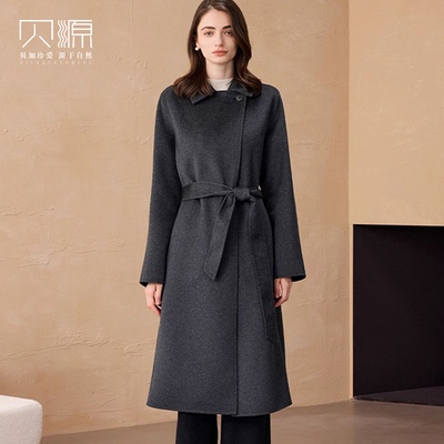 贝源灰色中长款100纯山羊绒大衣