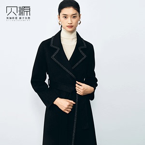 贝源高端黑色双面羊绒大衣女2023新赫本风中长款显瘦羊毛毛呢外套