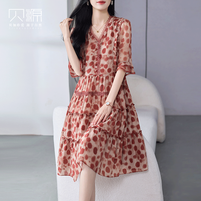 贝源时尚减龄印花桑蚕丝连衣裙2026新款小个子中长款短袖真丝女裙