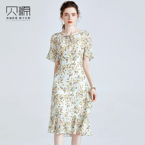 贝源2026新款法式小众真丝女裙中长款小清新短袖印花桑蚕丝连衣裙