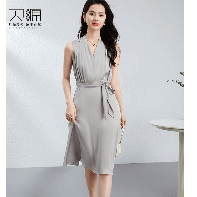 贝源法式减龄重磅真丝连衣裙2026新款中长款礼服裙无袖桑蚕丝女裙
