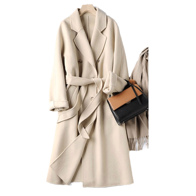 贝源白色长款双排扣双面羊绒大衣