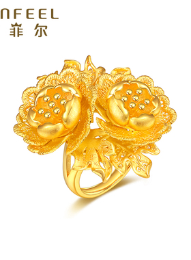 赛菲尔黄金戒指足金999.9芳华绝代牡丹花戒指婚庆结婚戒指女
