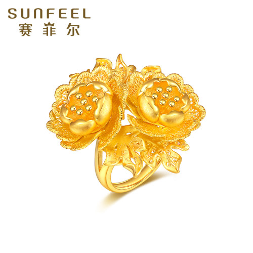 赛菲尔黄金戒指足金999.9芳华绝代牡丹花戒指婚庆结婚戒指女