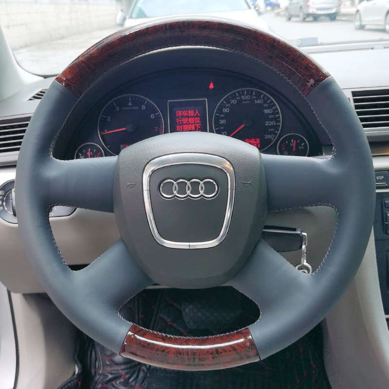 适用于08老款奥迪A6L A4L Q5 Q7改装 桃木纹内饰手缝真皮方向盘套