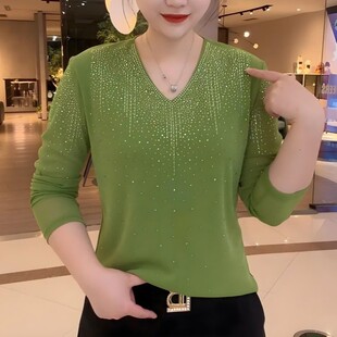 网红爆款V领烫钻亮闪闪打底衫中年女装春长袖T恤显瘦减龄百搭上衣
