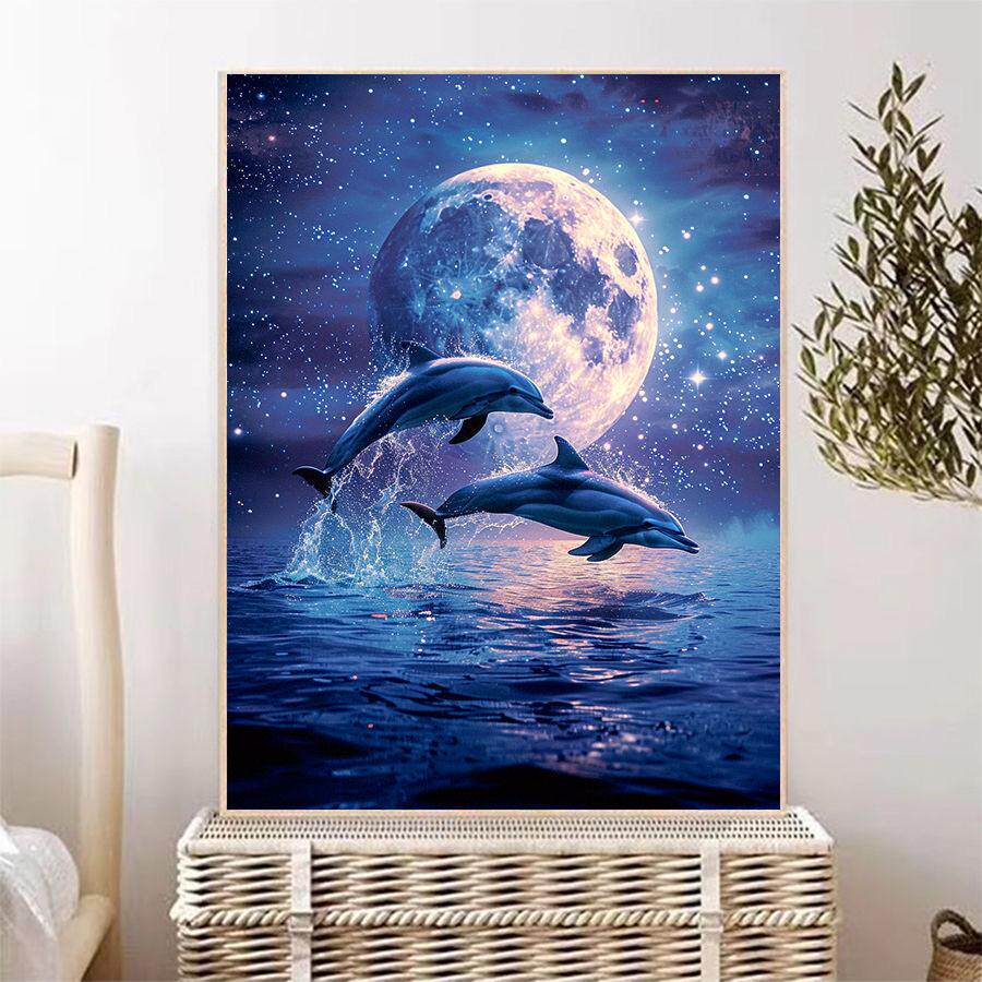 卡通风景钻石画2025新款满钻月亮海豚5d点贴钻十字绣客厅卧室儿童