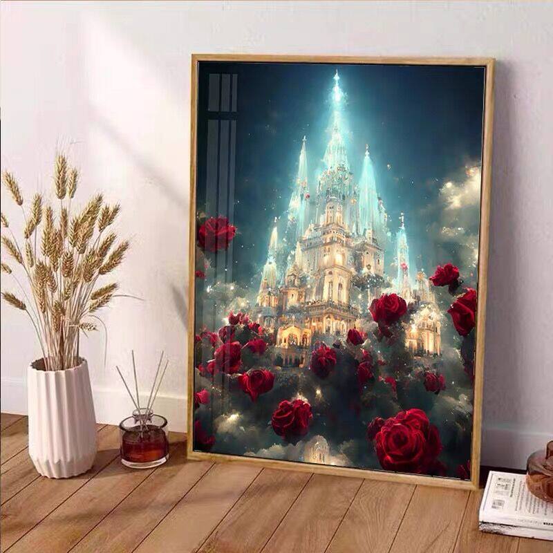 玫瑰城堡砖石贴画手工diy点钻十字绣2023新款客厅钻石画满钻带框