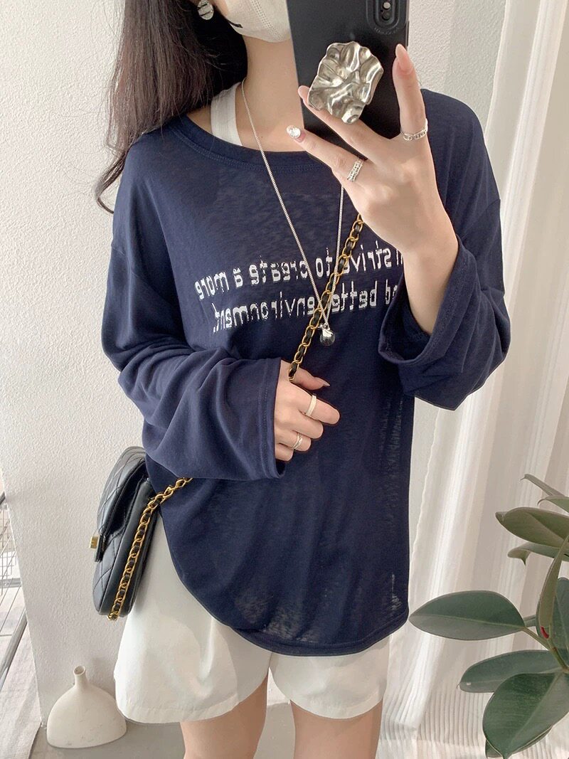 阿浅家 藏青色字母印花防晒罩衫长袖T恤女宽松+挂脖背心两件套夏