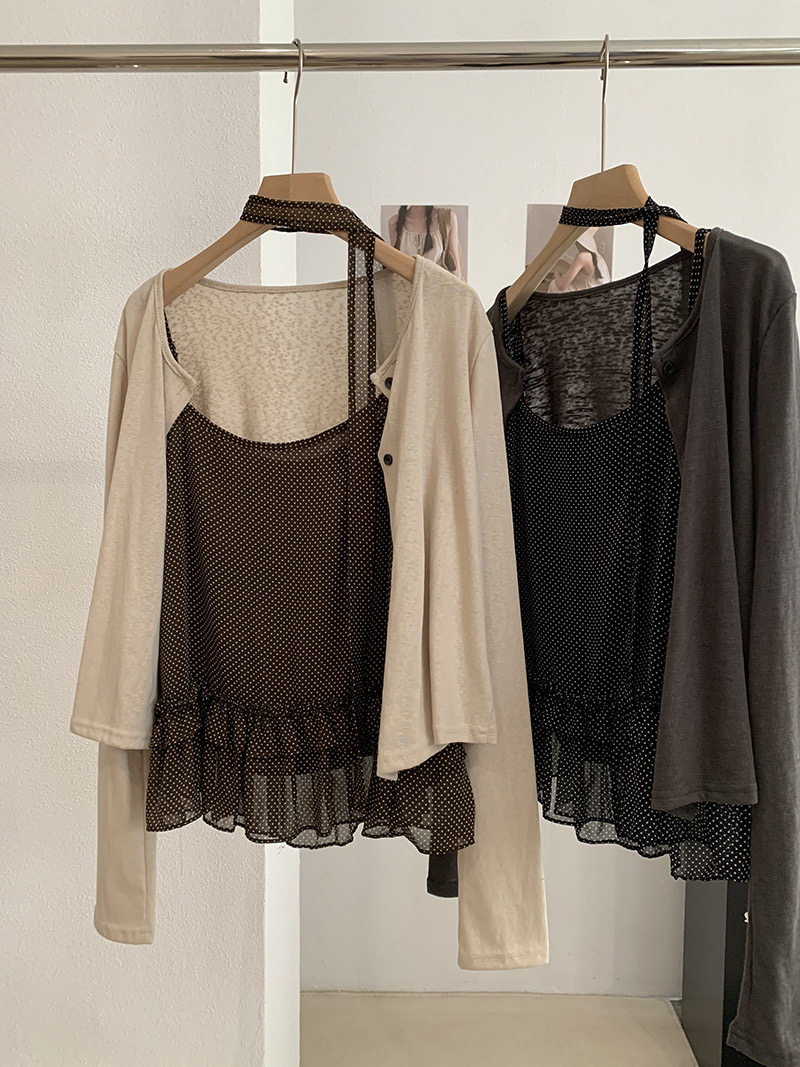 阿浅家 咖色波点雪纺吊带背心女秋+纯色短款长袖开衫两件套+飘带