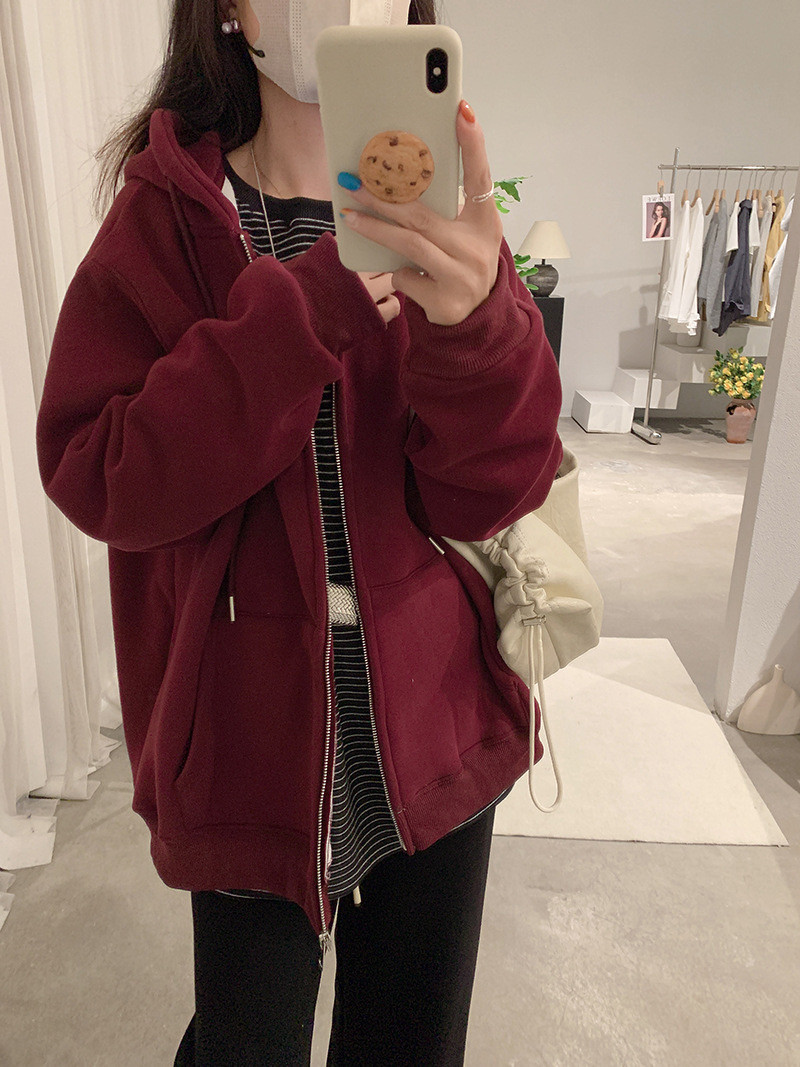 阿浅家 树莓红色简约连帽卫衣女宽松加绒秋冬微胖mm拉链外套韩版