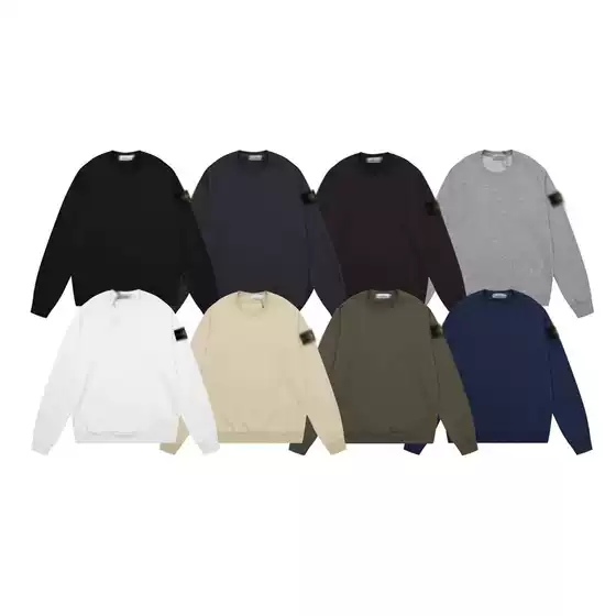 Classic Stone Solid Color Crewneck Emblem Long Sleeve Sweatshirt, Unisex Couple Style Standard Edition