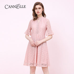 Cannelle晴迷桂莉女士夏装蕾丝连衣裙小v领花边