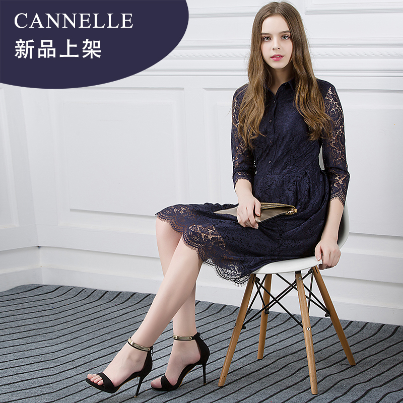 Cannelle纯色通勤蕾丝长裙长袖连衣裙