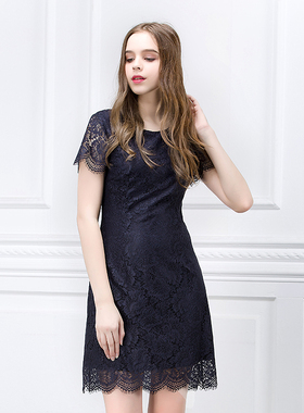 Cannelle通勤短袖纯色蕾丝圆领连衣裙