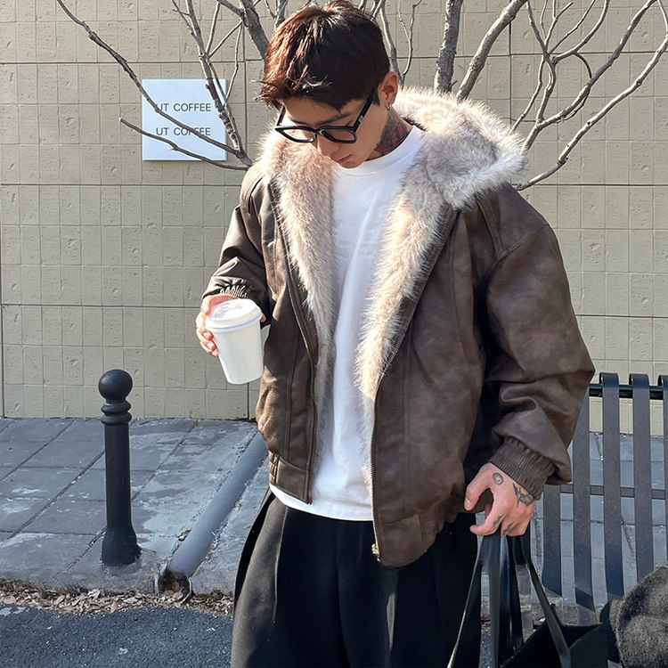 座山雕PU皮外套男冬季棉服棉衣